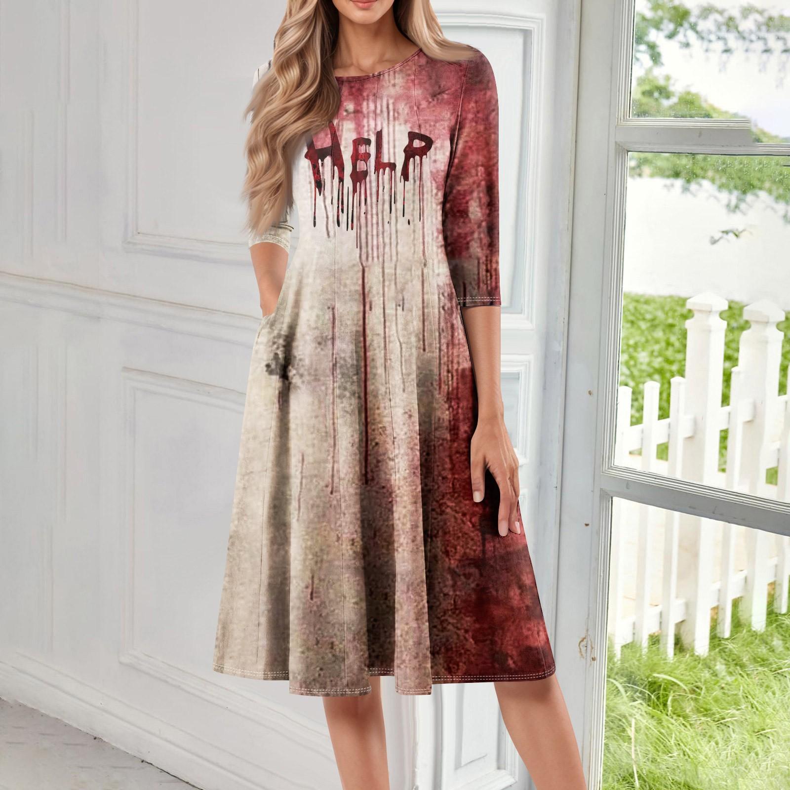 

Женское повседневное модное миди-платье с круглым вырезом, рукавом три четверти и принтом на Хэллоуин XXL