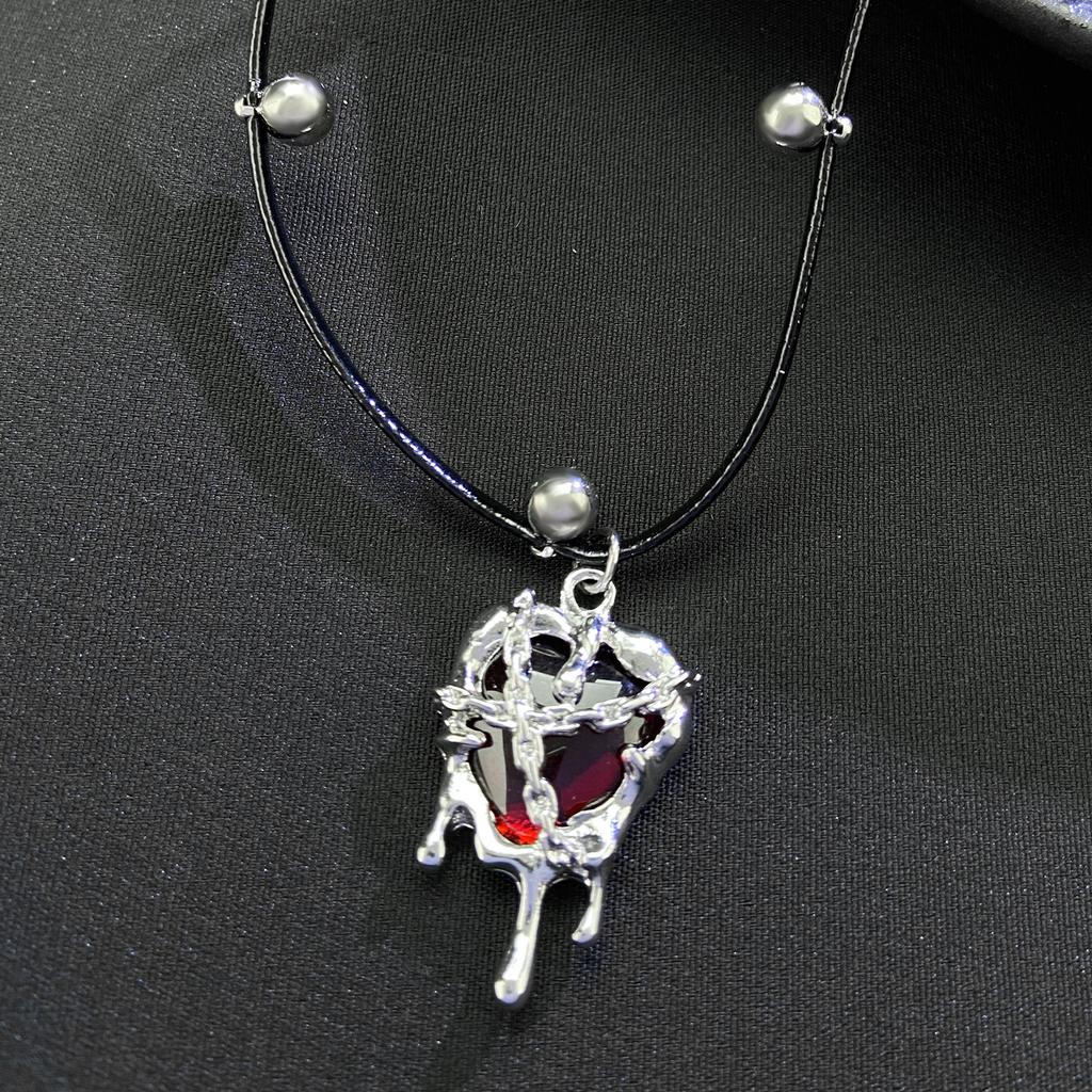 Punk Gothic Red Lava Star Cross Heart Pendant Leather Rope Necklace  Vintage Harajuku Grunge Heart Vortex Sun Charms Chain
