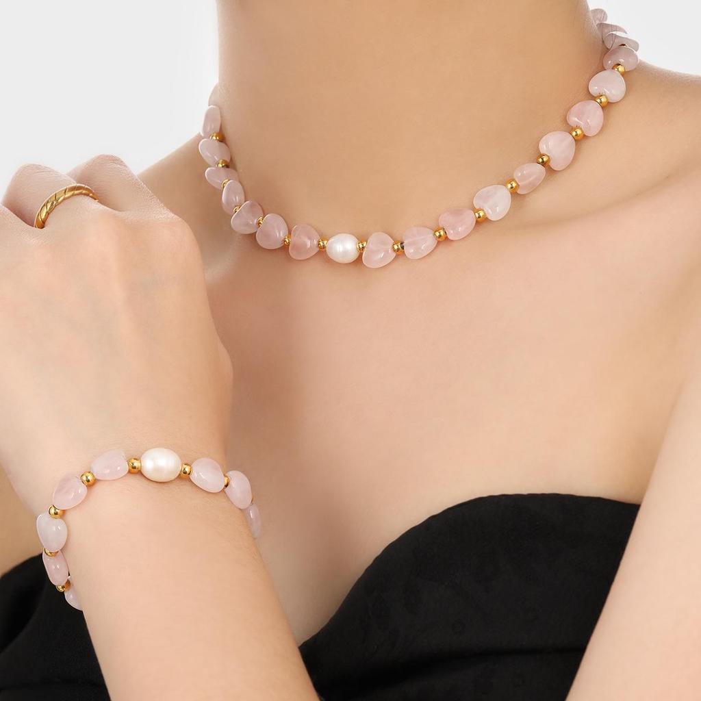 Rose Quartz & Titanium Steel Handmade Necklace - Women's Fashion Clavicle Chain