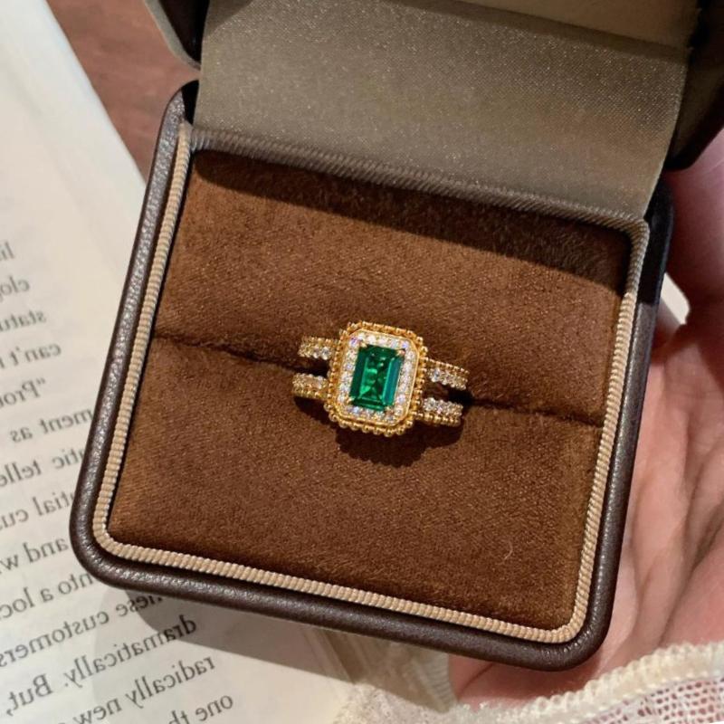 Vintage σμαραγδένιο Πράσινο Τετράγωνο δαχτυλίδι για γυναίκες ένθετο Δαχτυλίδι με Χάντρες Ζιργκόν Εξαιρετικό Πολυτελές Καθημερινό Δώρο Ζιργκόν