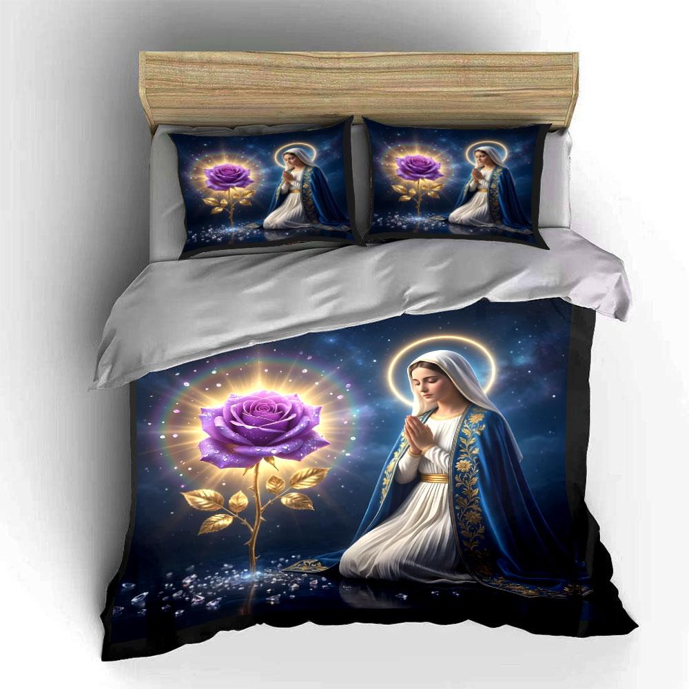 Praying Woman with Purple Rose Bedding Duvet Cover Set (1*Duvet Cover 2*Pillowcases, Without Duvet Insert)