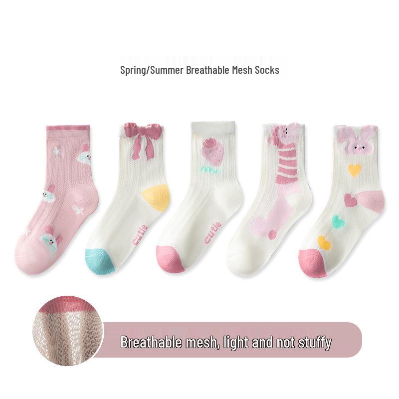 5 Pairs Children's Breathable Mesh Cotton Socks, Cartoon Design for Ages 1-14, Ideal for Spring and Summer