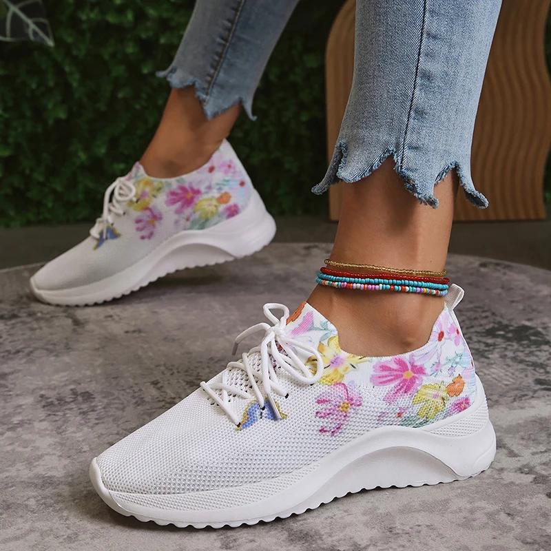 Fashion Women Print Platform Sneakers Spring Autumn Knitting Mesh Tennis Shoes Woman Lightweight Non Slip Casual Walking Shoes