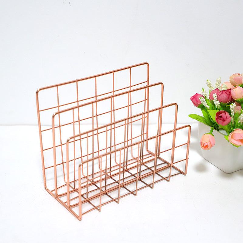 Nordic Metal Storage Basket Rose Gold Minimalist Book Organizer Basket Office Desktop Sundries Holder Newspaper Magazine Rack
