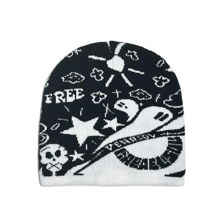 Handmade Crochet Hat Girl Skull Hat Double Side Jacquard Beanies Warm Skull Caps