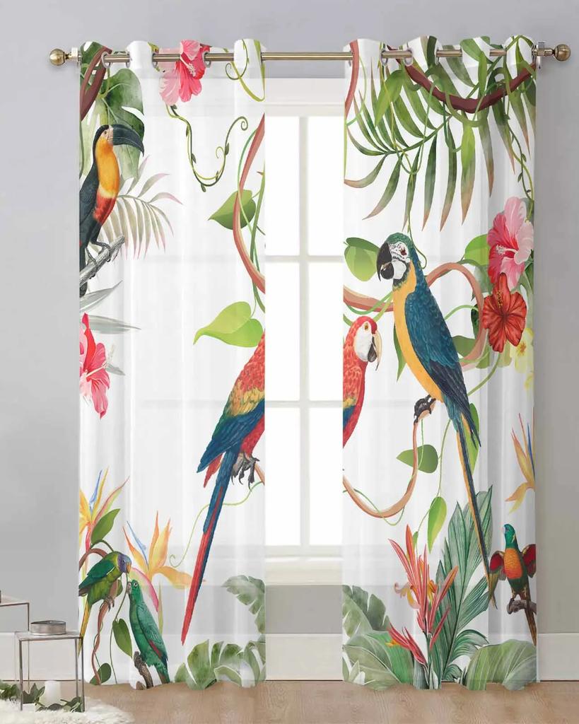 Tropical Leaves Parrot Flowers Sheer Drapes for Living Room Decoration Window Curtains Kitchen Curtains