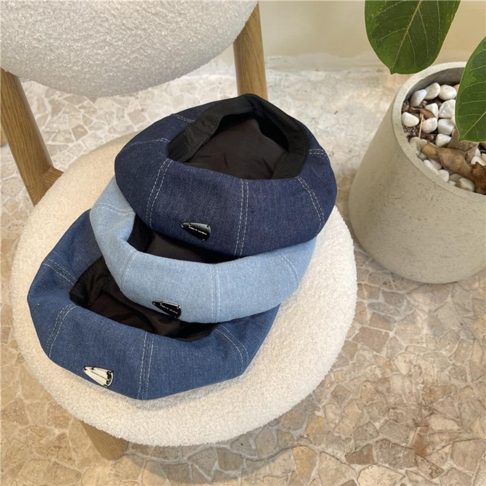 Korean Style Cloud Cowboy Cap Solid Color Denim Octagonal Hat Retro Denim Beret  Ladies
