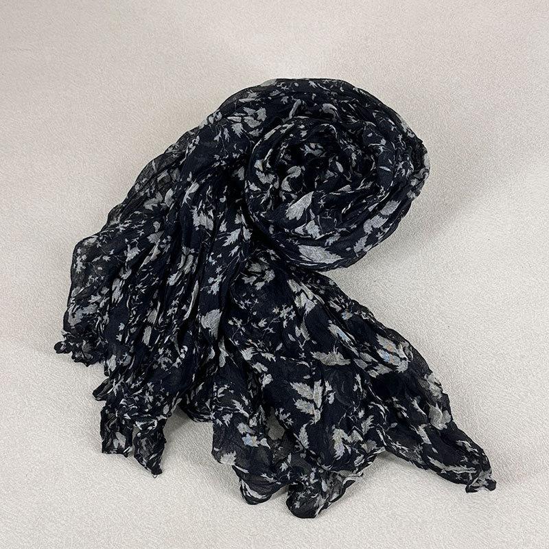Artistic Retro Floral Pleated Scarf for Women in Spring and Autumn Sunscreen and Neck Protection Scarf