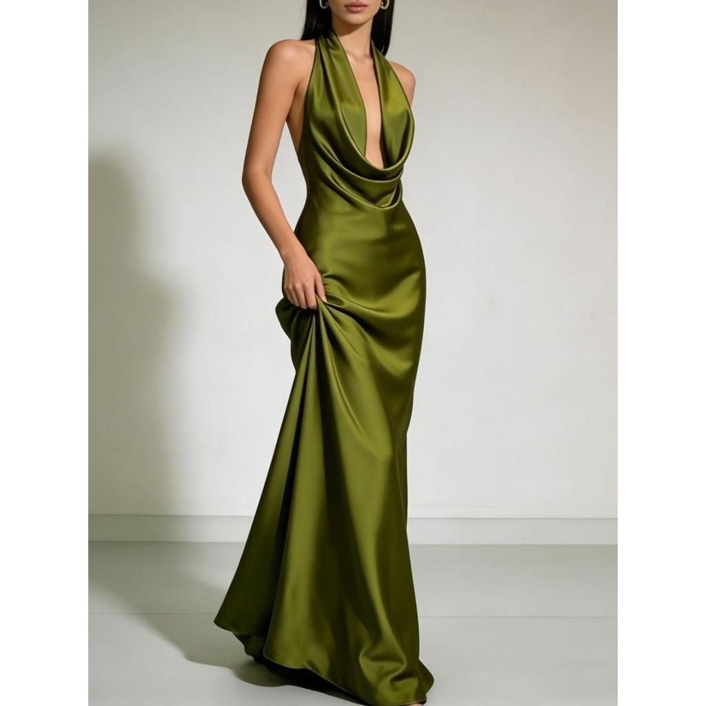 Sommer-Neckholder-Rückenfreies Satin-Abendkleid, Elegantes Sexy Langes Abschlussballkleid für Brautjungfernparty