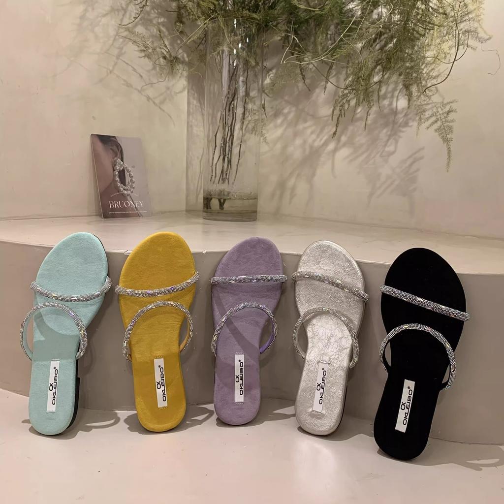 Flat-bottomed Rhinestone Fashion Sandals 2025 Summer French Sweet Yellow Open-toed Vacation Beach Cool Slippers Women's Shoes