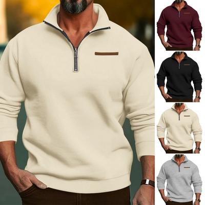 Fall Winter Men Sweatshirt Half Zipper Stand Collar Loose Solid Color Thick Plush