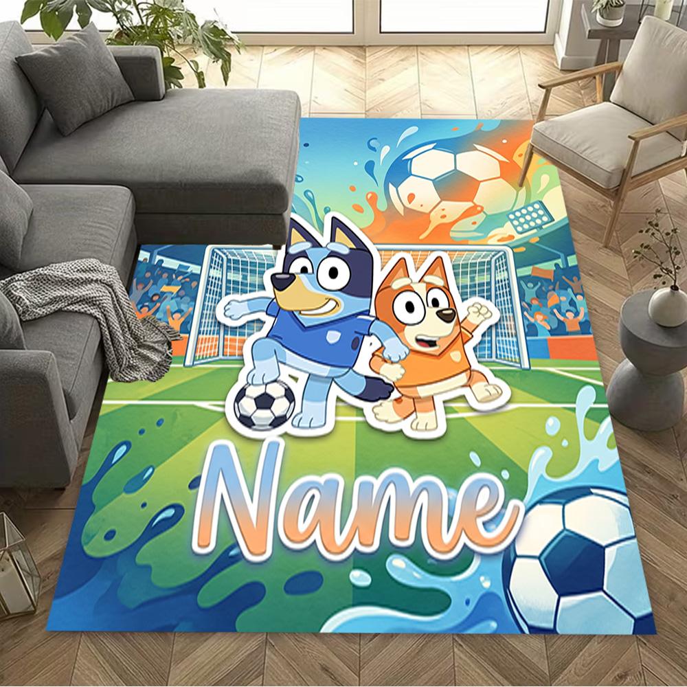 Soccer Fun Bluey Personalized Name Floor Rug Office Rug Perfect for Balcony Game Room Hallway Dormitory Anti-slip Rug Anime Office Decor Spiritual Gif