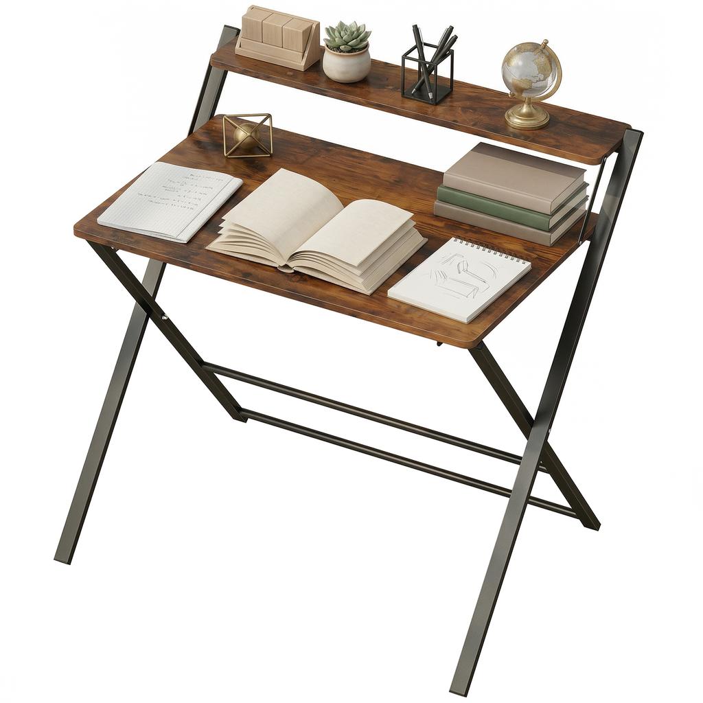Compact Folding Desk for Small Spaces with Storage Shelf for Home Office, Rustic Brown
