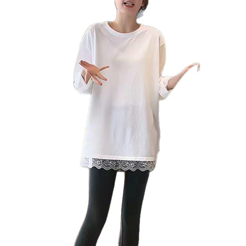 Damska koszulka z długim rękawem w stylu europejskim, biała, z koronkowymi naszyciami - Idealna na jesień/zimę z spodniami Shark