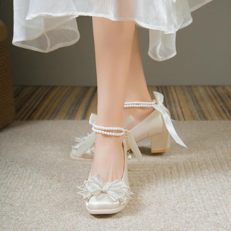 Fashion Elegant Pearls Ankle Strap Pumps Women Spring 2025 Square Toe Crystal Buckle Mary Janes Woman High Heels Party Wedding Shoes 40