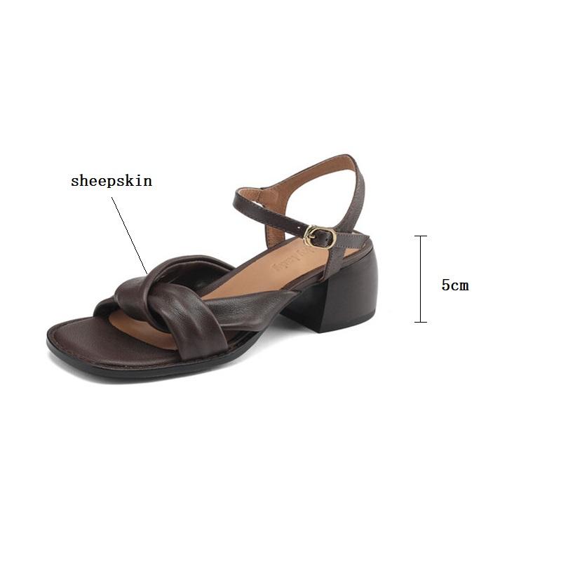Fashion Genuine Leather Women Sandals 2025 Summer Shoes for Women Casual Gladiator Women Shoes Vintage Sheepskin Chunky Heel Sandals