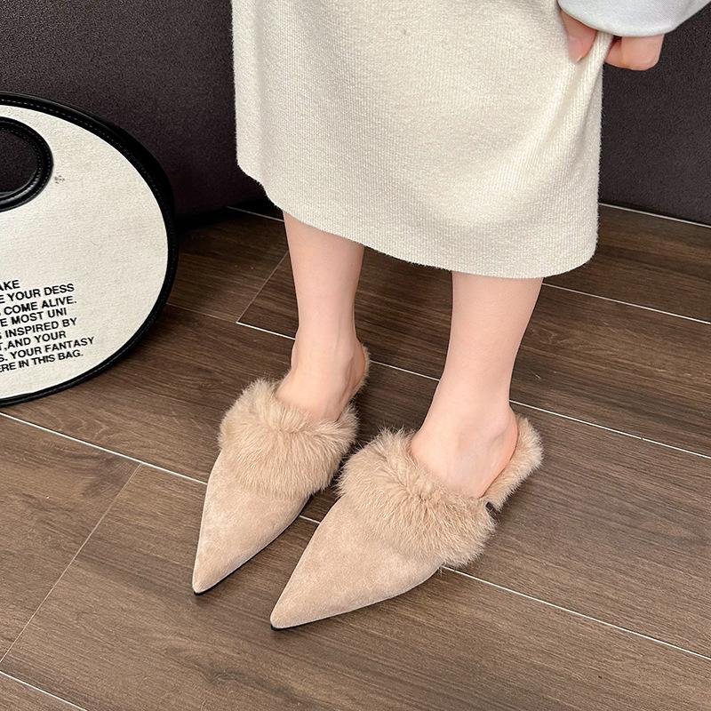 Pointed Half Slippers Women's 2025 Autumn and Winter New Bag Head Winter Fluffy Slippers Wear Low Heel Cotton Slippers