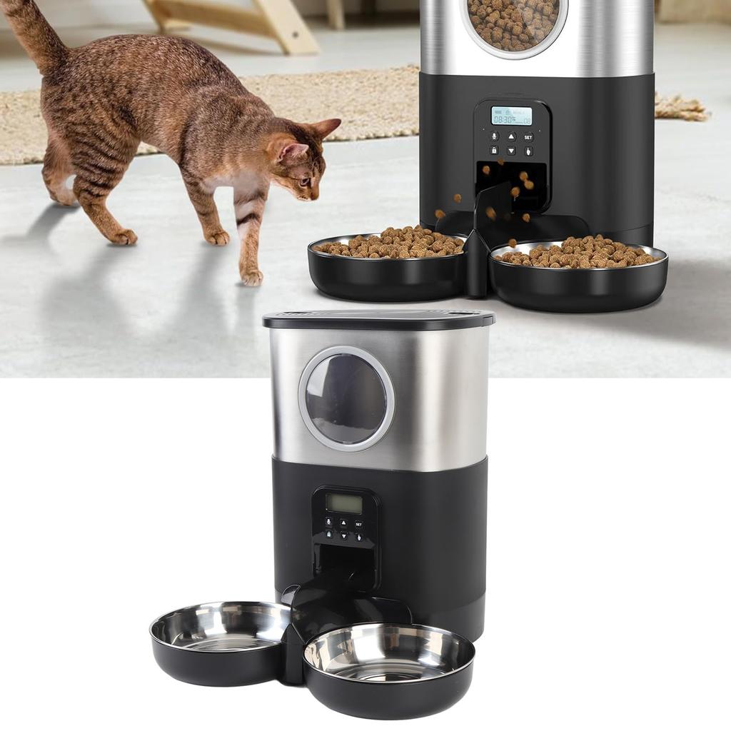 Automatic Cat Feeders for Two Cats 5L Capacity Visable Window Quantitative Feeding Stainless Steel 2 Bowls Timed Pet Food Dispenser