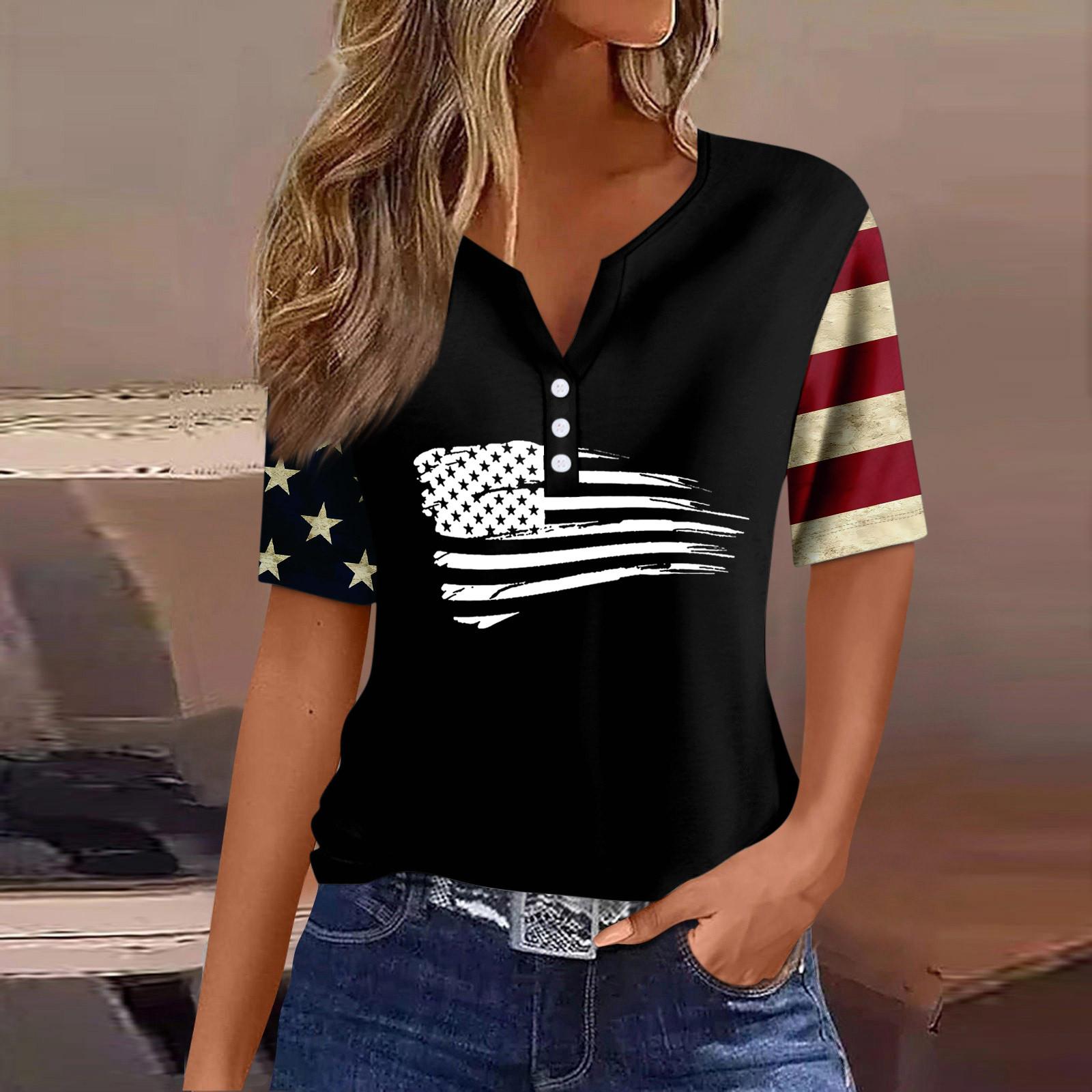 

Жен. Футболка Футболка С принтом Пуговицы С короткими рукавами Повседневные Выходные Мода Классический V-образный вырез Обычный Верх L чёрный