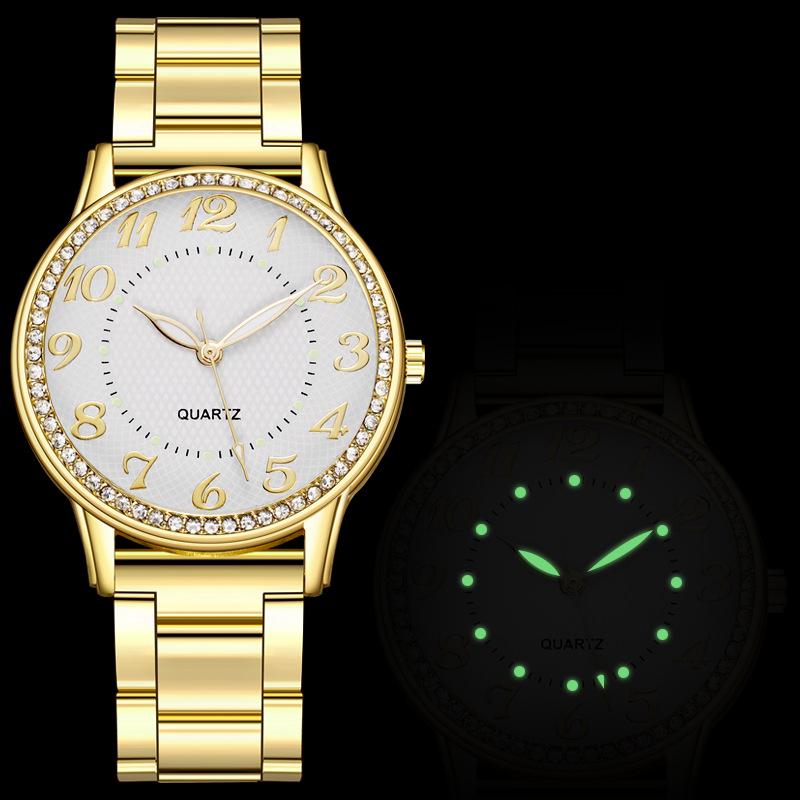 Women's Diamond-Studded Luminous Quartz Watch with Steel Band