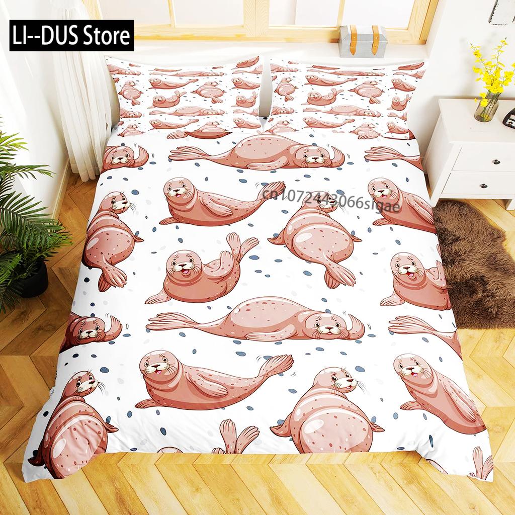 3D Sea Lion Duvet Cover King/Queen SizeCute Cartoon Sea Lion Sleeping Print Bedding Set For Kids Boysocean Animals Quilt Cover
