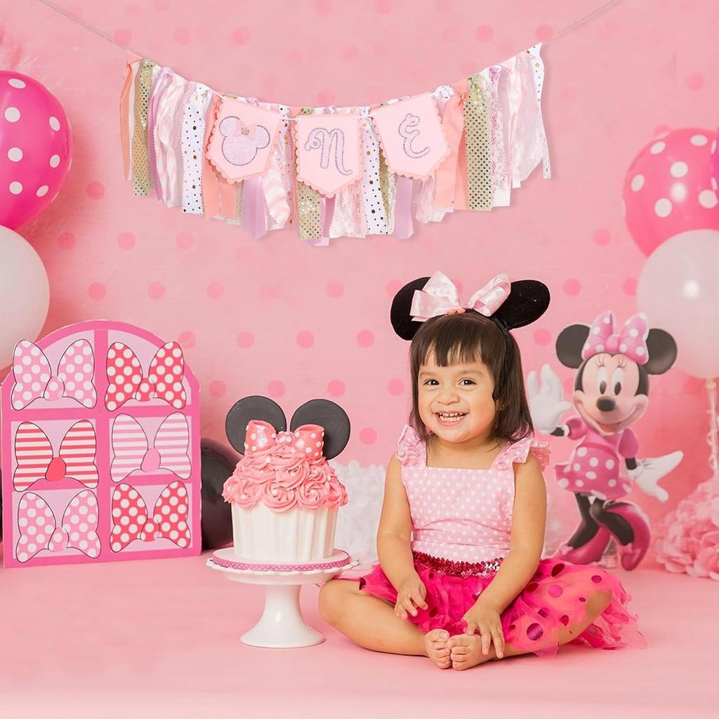 Minnie One High Chair Banner - Minnie 1st Birthday Party Decorations,Pink Minnie First Highchair Banner,Girl First Birthday Highchair,1st Photo Prop
