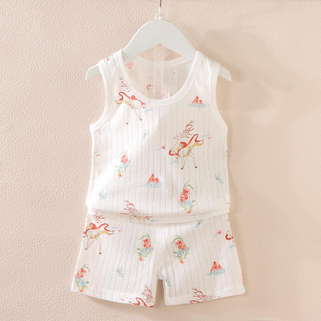 Koreańska wersja zestawu kamizelki dla dzieci Nowy chłopięcy i dziewczęcy dziecięcy kreskówkowy cienki zestaw bez rękawów kamizelki i szortów modny