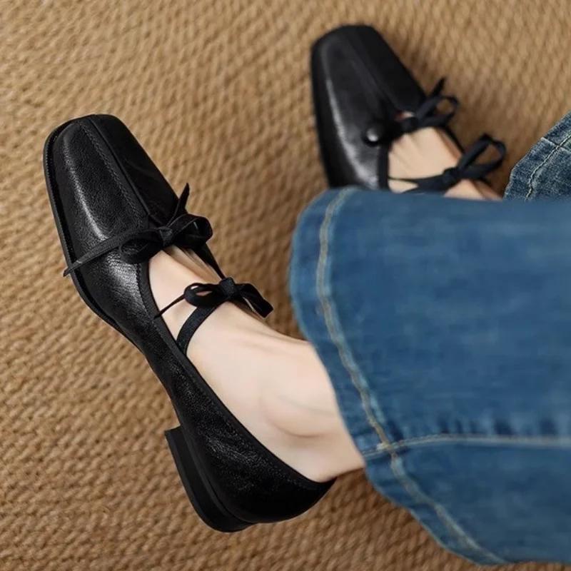 Fashion Mary Jane New Women Shoes Ballet Bow Square Toe Mid Heels Nude Shoes Fashion Casual Elegant Shallow Pumps