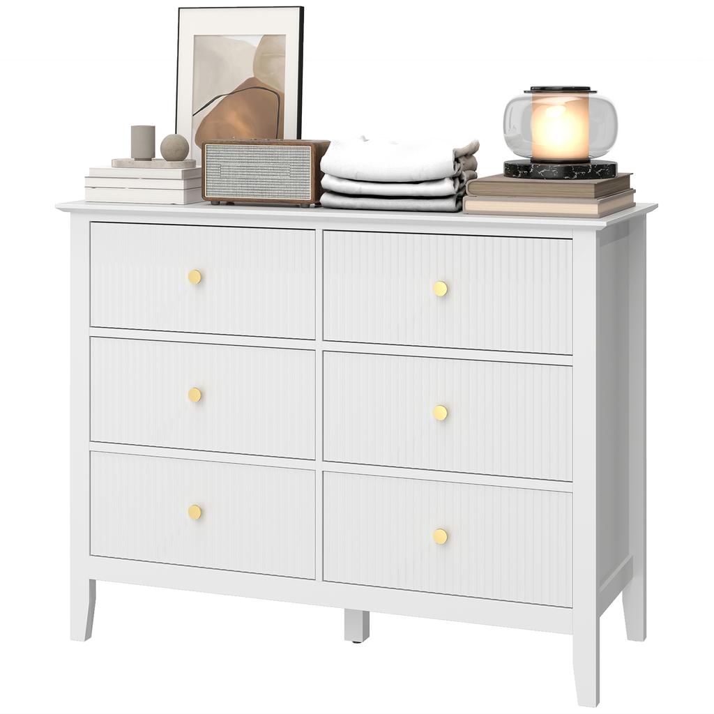 Fluted Dresser, 6 Drawer Chest of Drawers for Bedroom, Living Room, Hallway, Closet, White