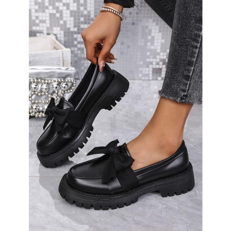 Chunky Sole 2025 British Style Korean Vintage Leather Loafers for Women Women's Slip-On Loafers with Bow Detail