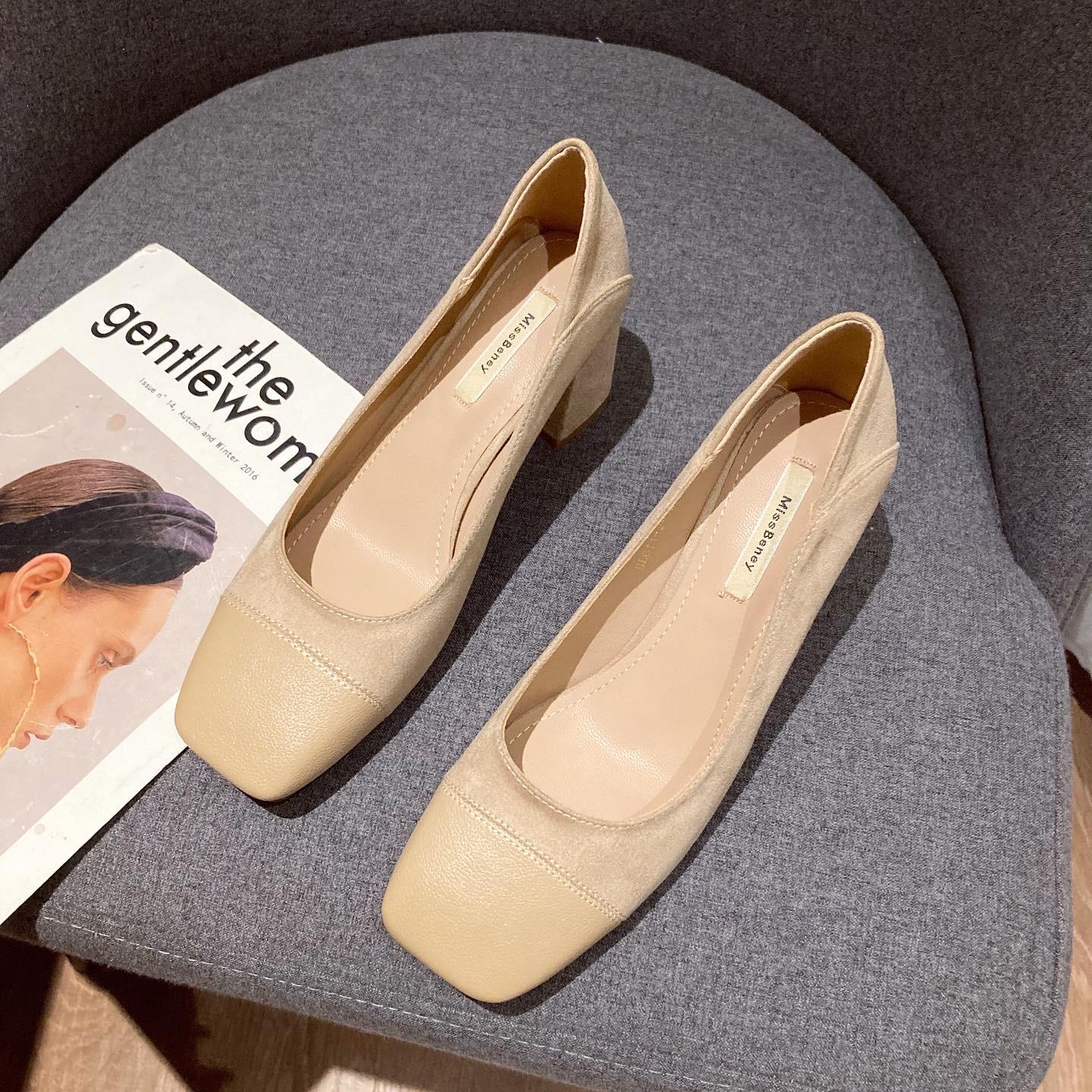 

2025 Туфли женские на высоком каблуке из замши с квадратным носком и строчкой - весна, корейский стиль 611-2 34 хаки