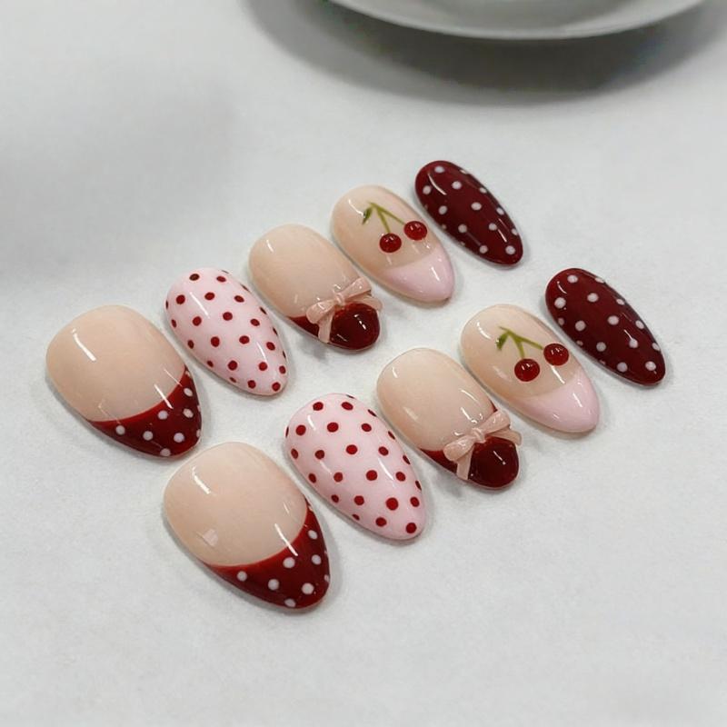 30Pcs Sweet Pink French Tip Press On Nails With Polka Dots Bows And Cherries Cute Fake Nails Gift For Girls And Friends
