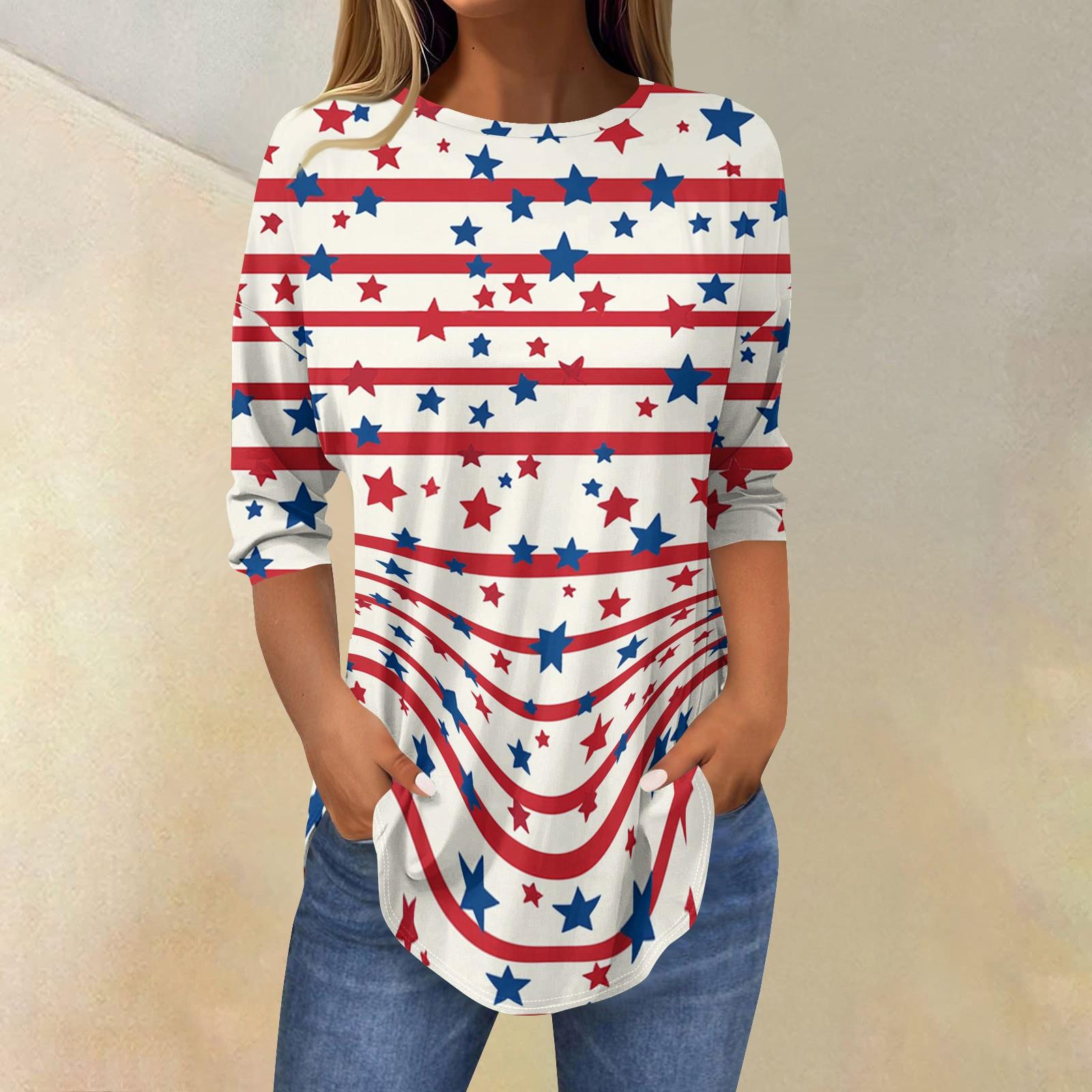 

3/4 Length Sleeve Womens Tops Summer T-Shirts Print O Neck Casual Basic Tee Button Shirts Tunic Tops M Кіновар