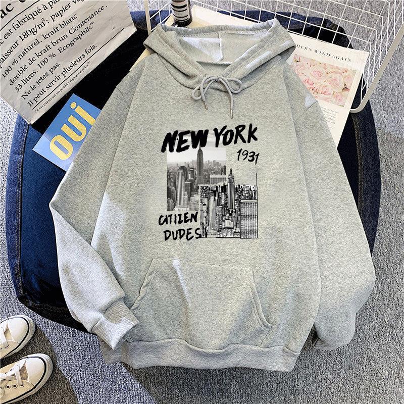 Ladies Spring Autumn Casual Hooded Long Sleeve Big Pocket New York Printed Pullover Hoodies Sweatshirt Top