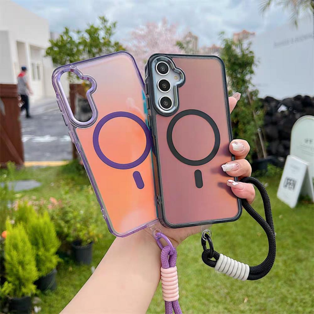 Stylish Laser Gradient Magnetic Lanyard Shockproof Case for Samsung S26 S25 S24 Ultra S26 Plus S25 FE S25 Edge For Magsafe Cover
