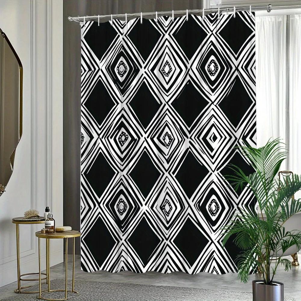 1pc Black & White Geometric Shower Curtain - Stylish Polyester Bathroom Decor with Overlapping Squares, Rectangles & Circles Des