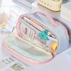 Cute Checkered Window Pencil Case with Handle Multilayer Large Capacity Storage Pouch Contrast Color Design Multi-Function A3224