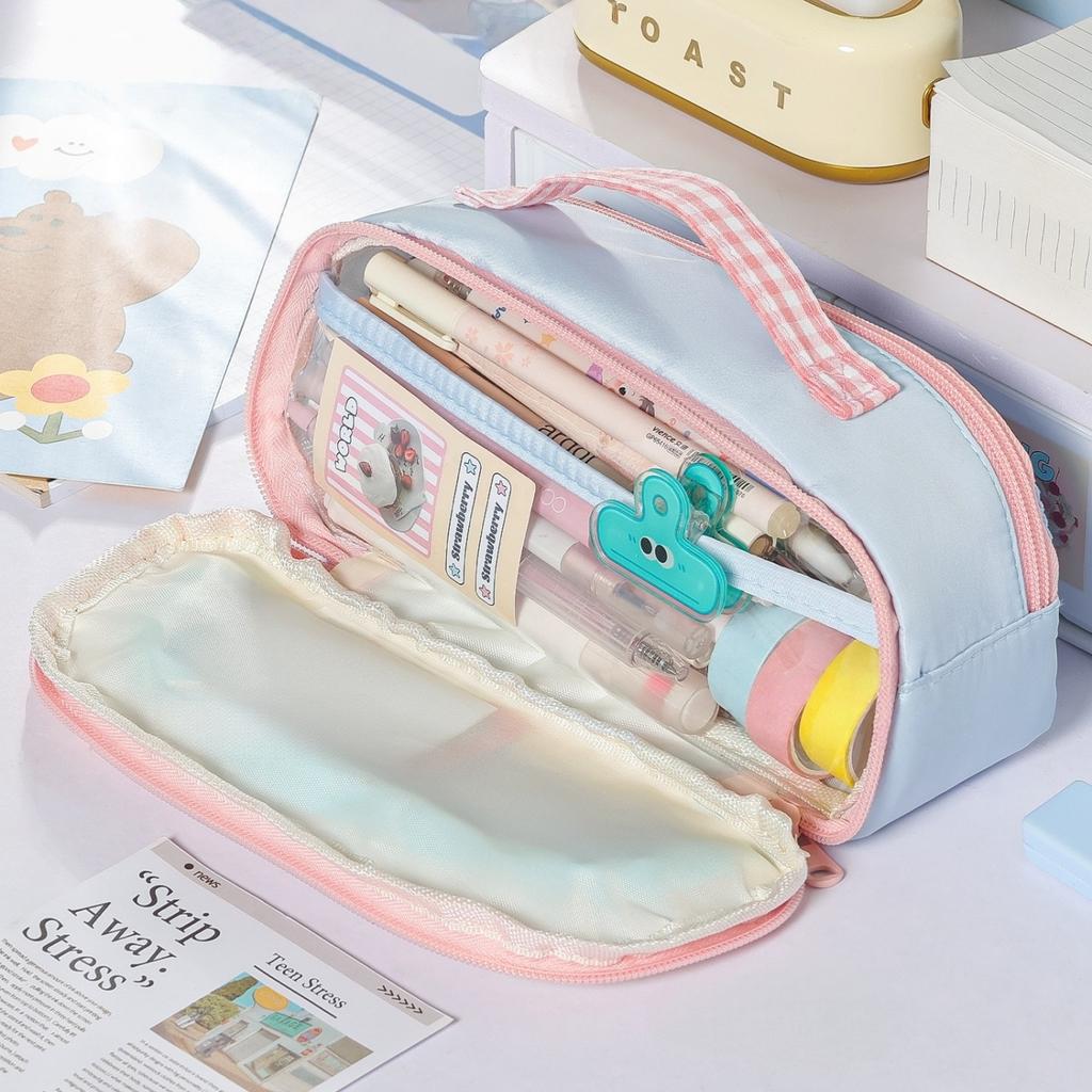 Cute Checkered Window Pencil Case with Handle Multilayer Large Capacity Storage Pouch Contrast Color Design Multi-Function A3224