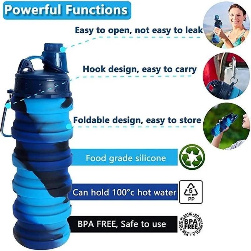 500ML Portable Retractable Silicone Bottle Folding Water Bottles Outdoor Travel Drinking Cup with Carabiner Collapsible Cups