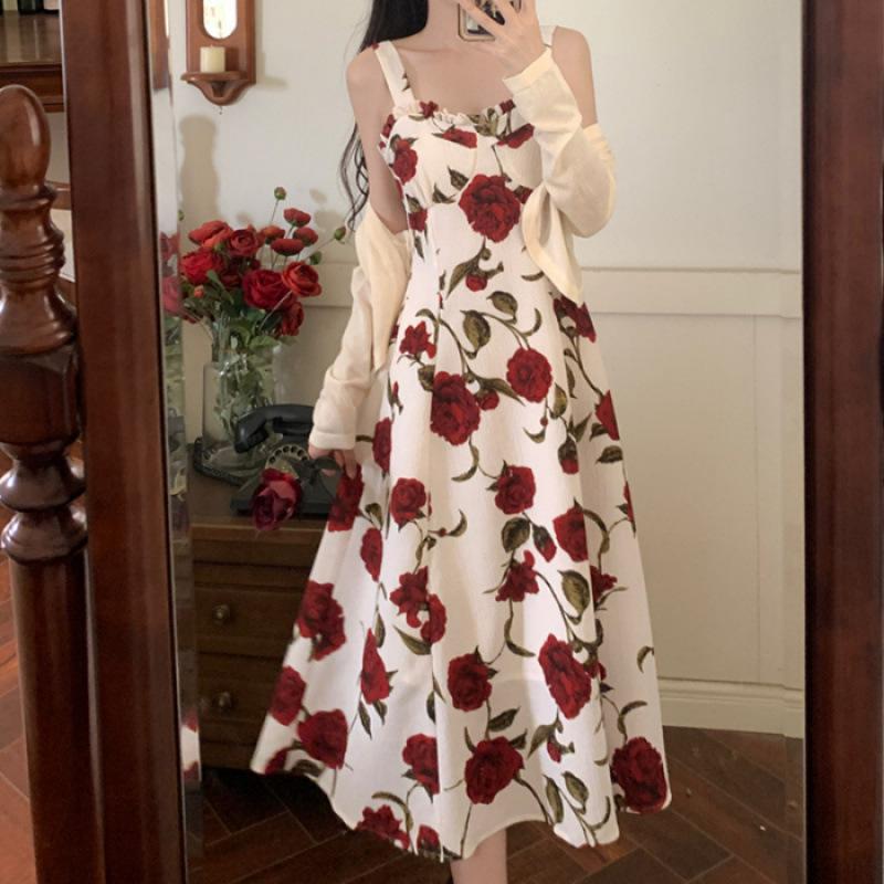Summer 2025 Elegant French Style Rose Print Midi Camisole Dress 2X Large