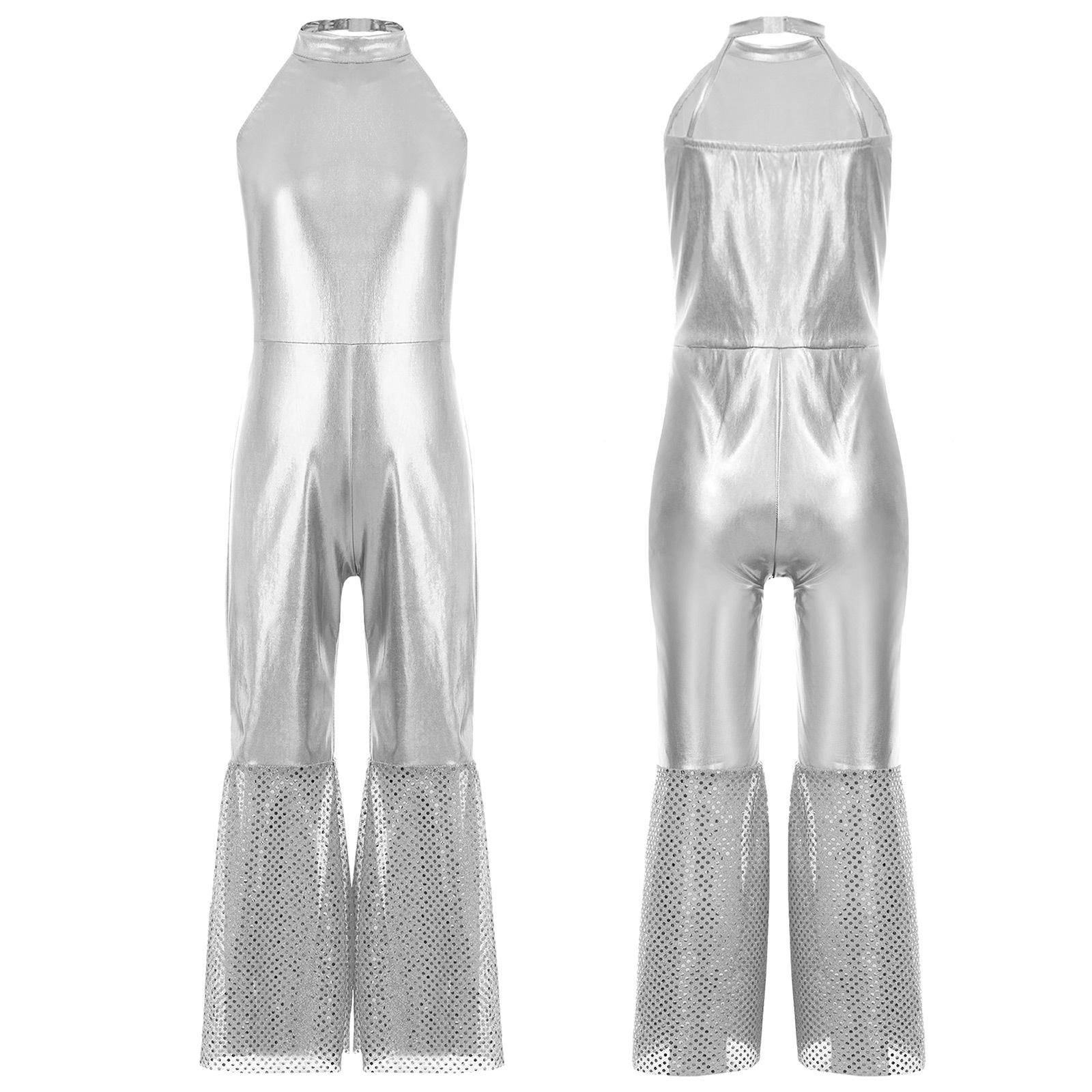 

Дівчачий комбінезон диско 70-х Блискучі металізовані паєтки Без рукавів З відкритою спиною З високою талією Боді Ретро костюм для танцювальної вечірки 5-6 Years срібний