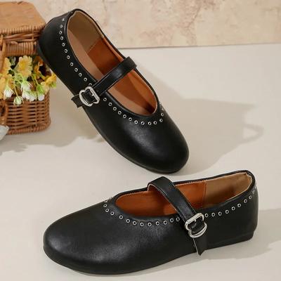 Damen Ballerinas Mode Nieten Loafers Schnallenriemen Runde Zehenpartie Flache Mary Jane Schuhe Damen Weiche Sohle Leder Pumps Lässige Dünne Schuhe