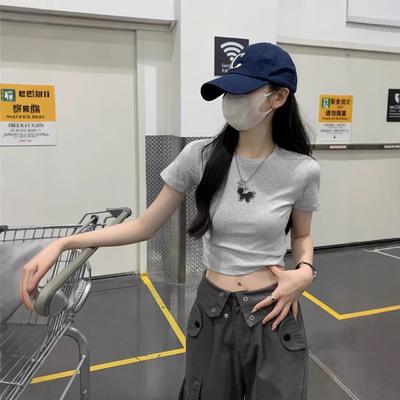 American Butterfly Print Round Neck Short-sleeved T-shirt Women's Summer New Korean Version Slim and Thin Versatile Top Tide