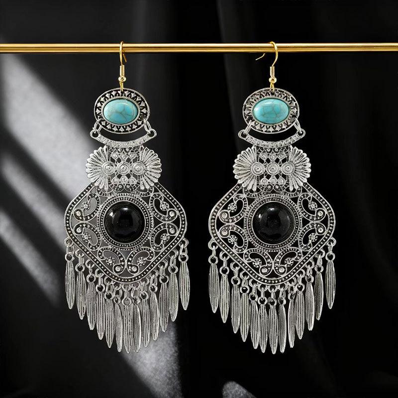 Vintage Ethnic Turquoise Earrings Women'S Bohemian Fringed Earrings Beaded High-End Earrings
