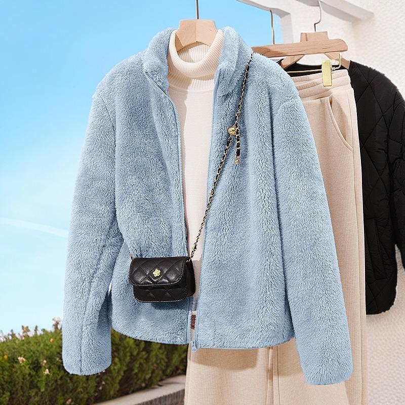 Autumn and winter coral fleece jacket women's fashion casual zipper sweater fleece loose stand-up collar age-reducing wear top tide
