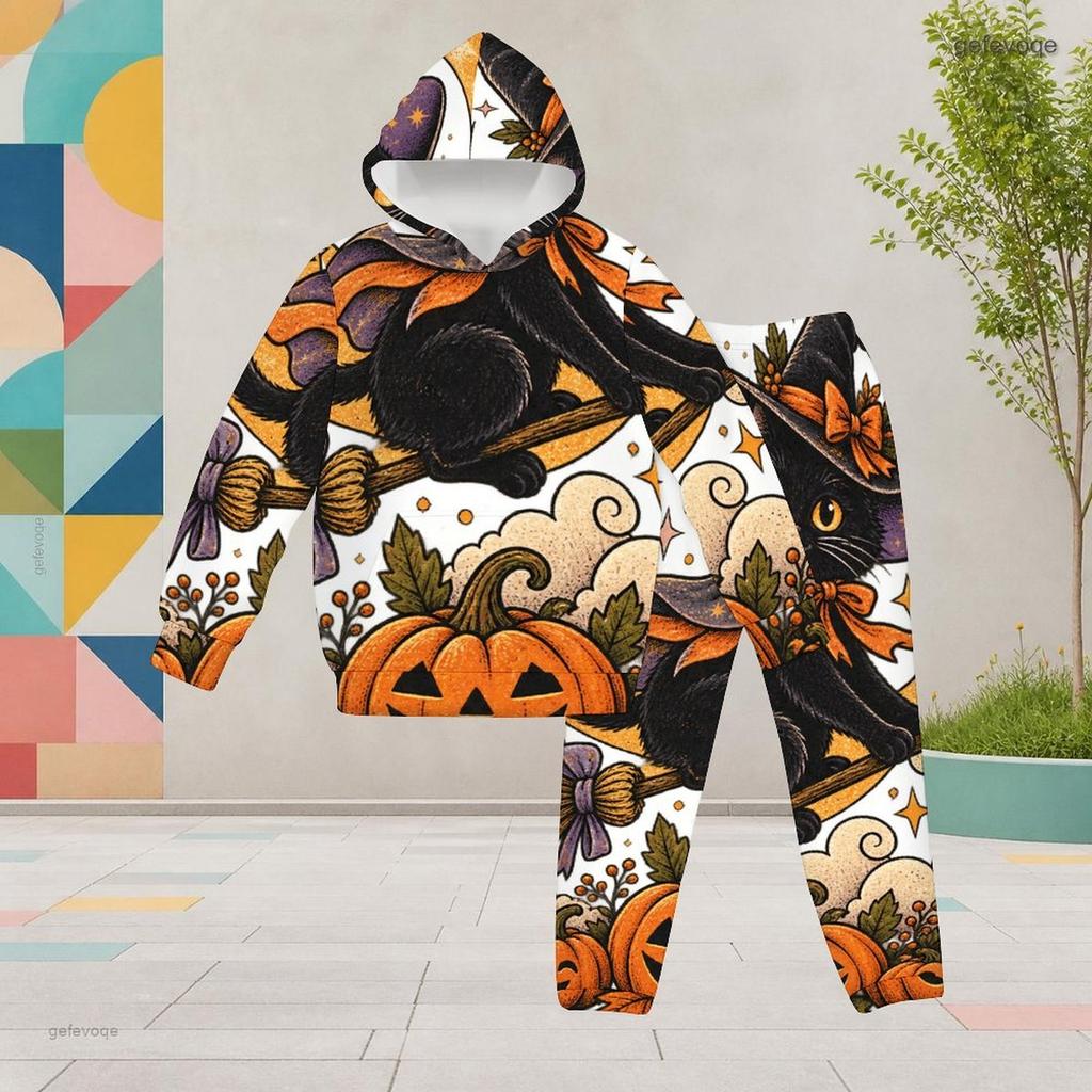 Girls Halloween Printed Hooded Long Sleeve Kangaroo Pocket Top Cuffed Pants Two Piece Set
