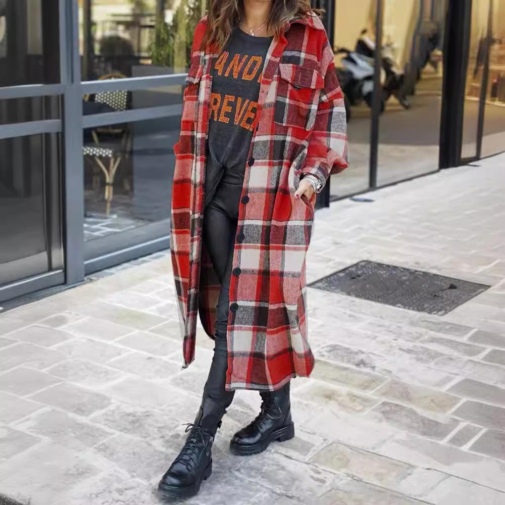 Extended Trench Coat Lapel Side Split Women's Tweed Plaid Coat Women's Coat