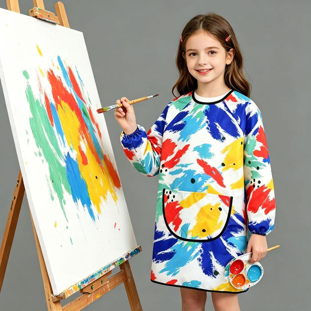 Kids' Waterproof Long-Sleeve Painting Smock with Back Buttons - Baby Bib Apron for Eating & Art