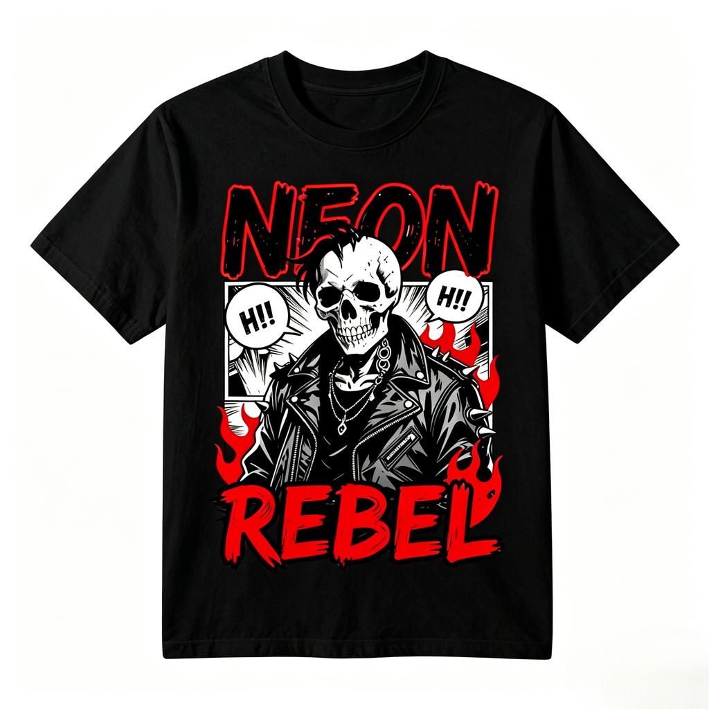 Unisex 100 Cotton Tshirt Neon Rebel Punk Skull With Spiked Leather Jacket Fire Comic Print Oversize Casual Short Sleeve Tee