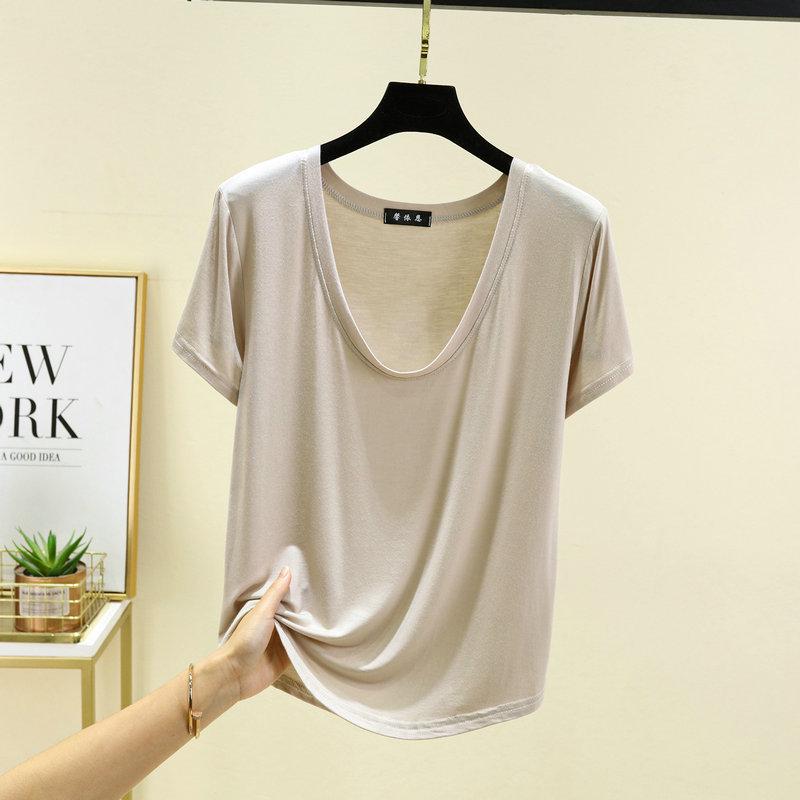 

Женский модальный топ с U-образным вырезом, рукавом 3/4, свободного кроя - однотонный, больших размеров, летняя футболка Medium бежевый